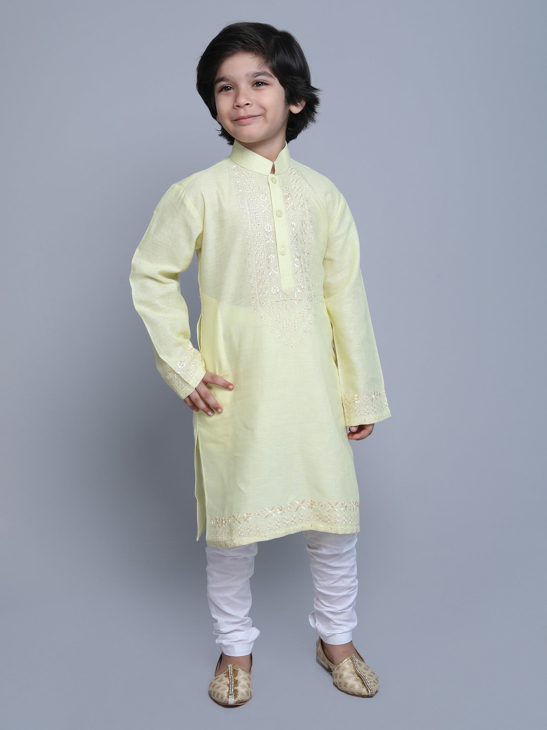 Pure Linen Kurta Set -  self color embroidery - Yellow