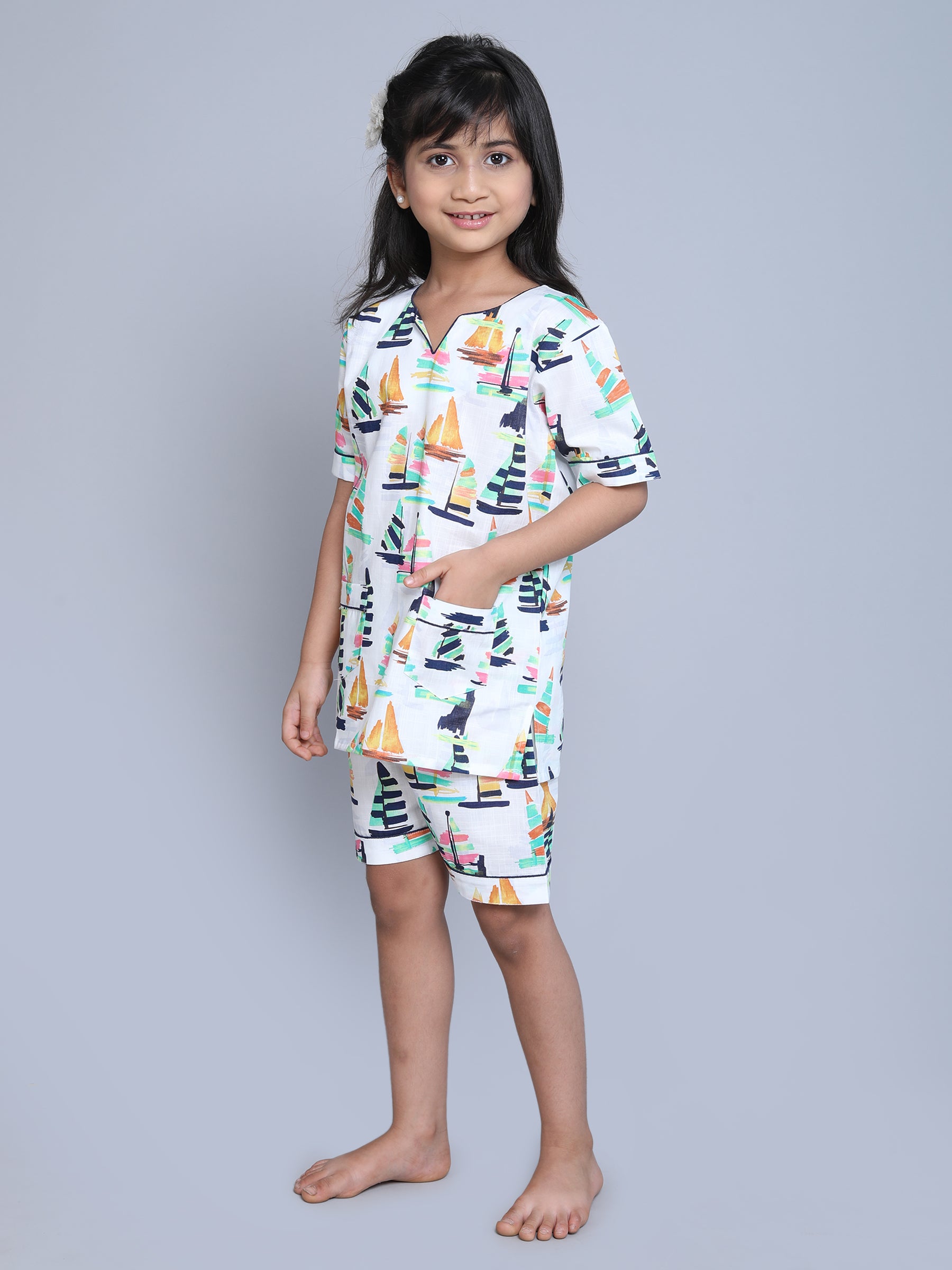 Cotton Ship V Neck Print Co-ord Set