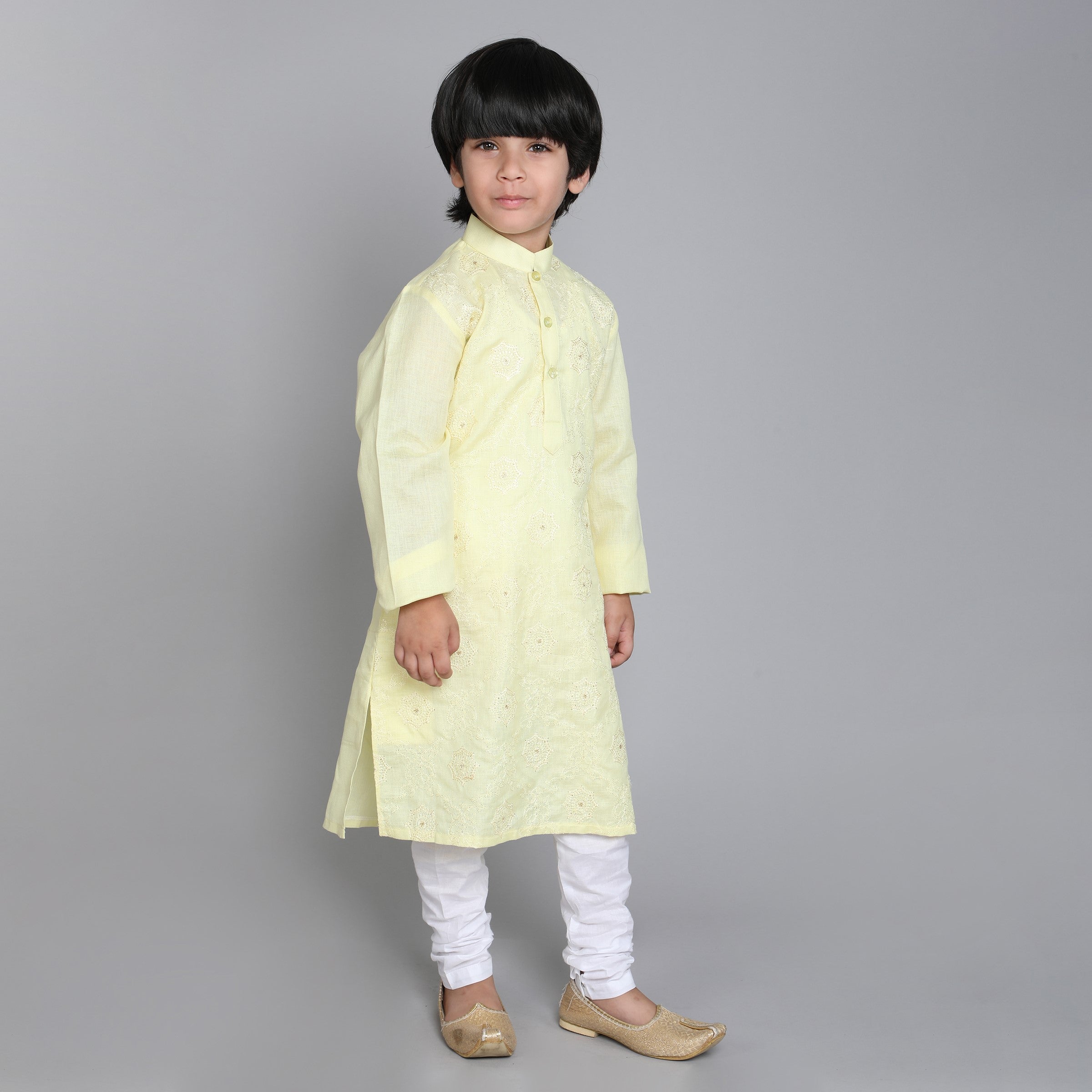 Pure Linen  Kurta Set -  Self Color  Embroidery - Yellow