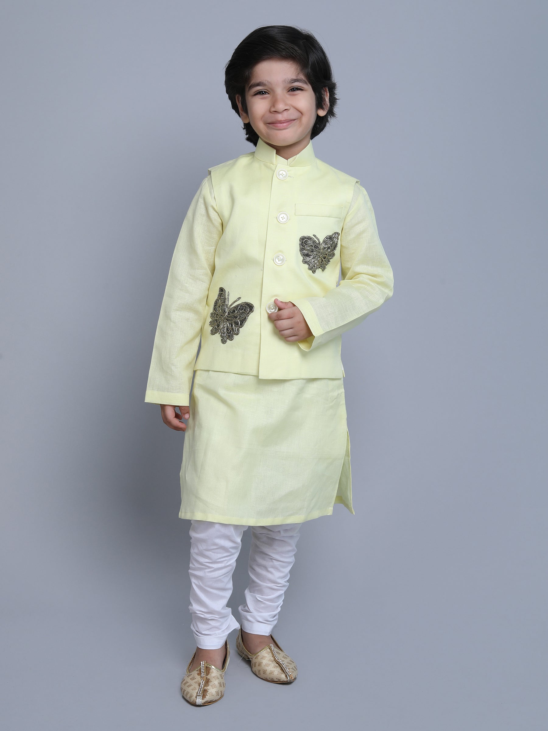 Pure Linen 3pcs Kurta Set -   Gold color embroidery - Yellow