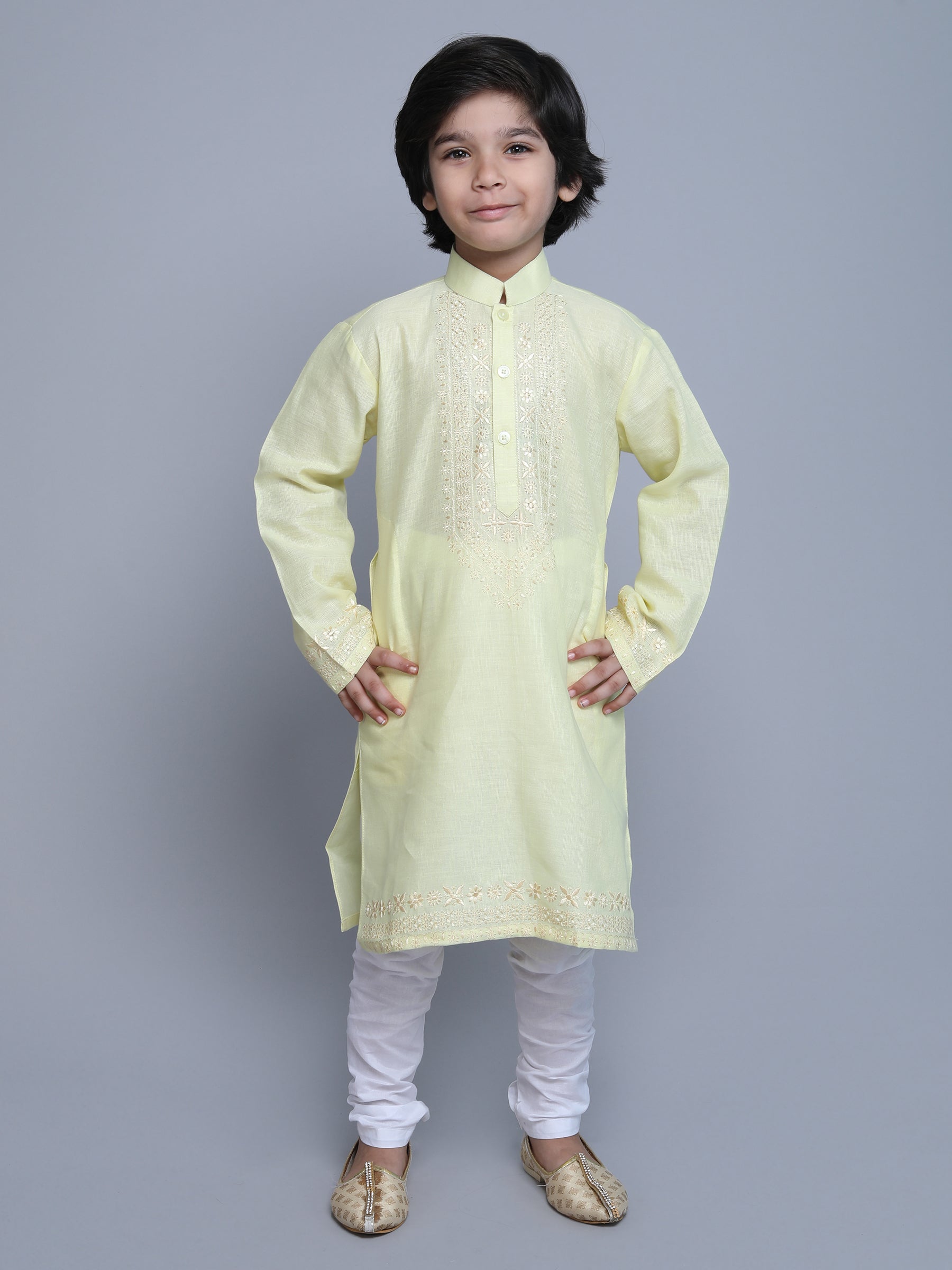 Pure Linen Kurta Set -  self color embroidery - Yellow